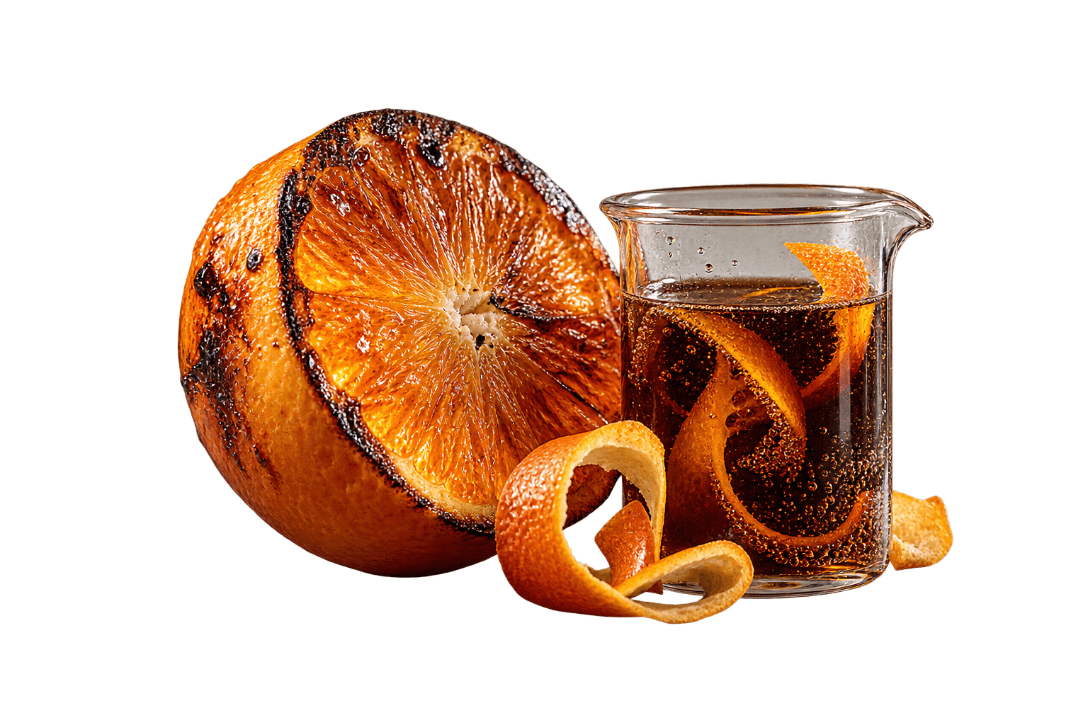 A charred half orange beside a glass beaker of dark, bubbling cola with curls of orange peel.