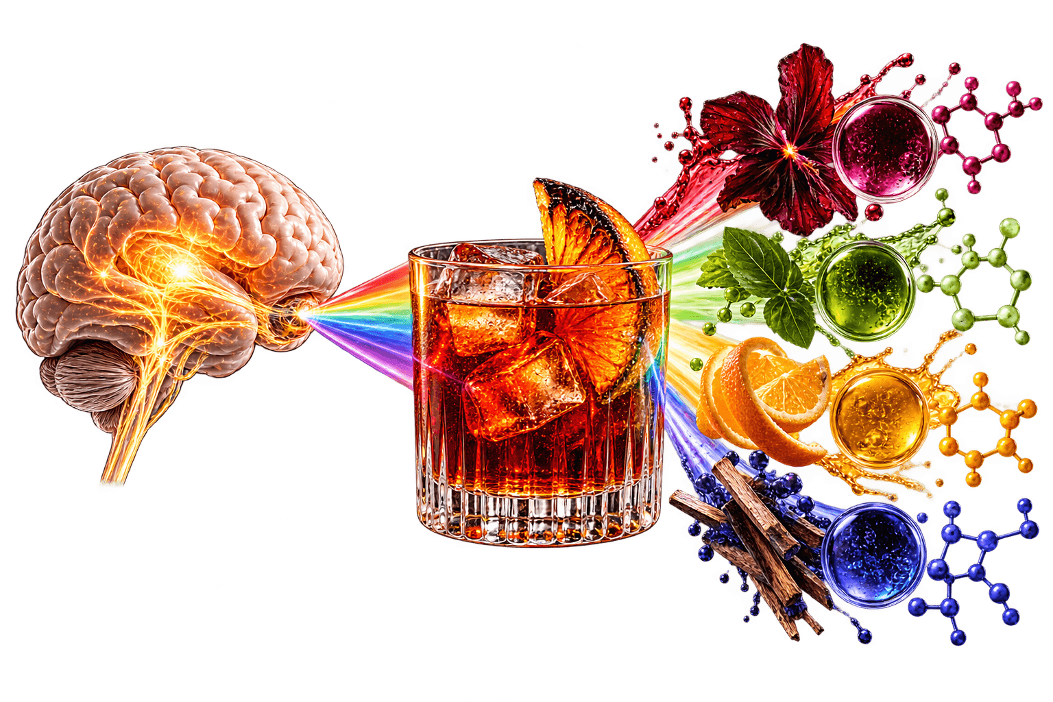 A glowing brain casting a colour spectrum through a cocktail toward hibiscus, mint, orange and wood, each with its molecule.
