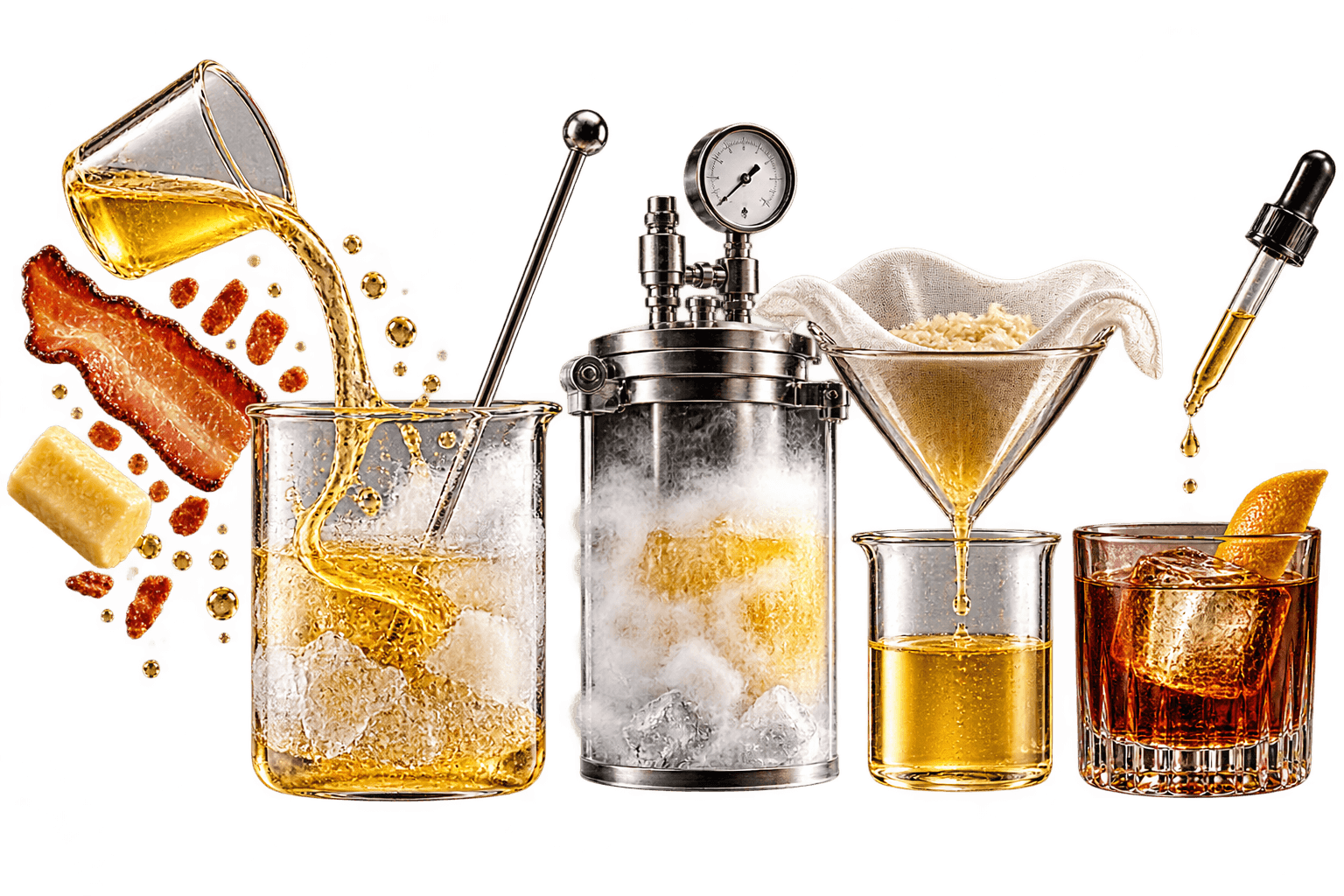 Spirit poured over bacon and butter into ice, sealed in a frosted pressure vessel, strained through cloth and served over ice.