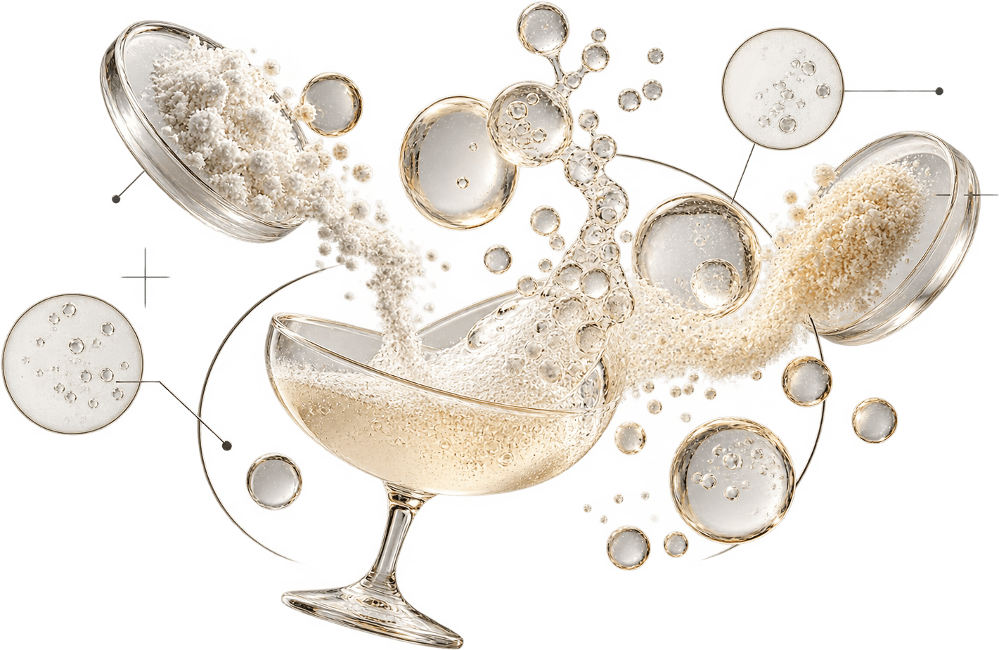 Two glass dishes spilling white powder into a tilted coupe that fizzes up into rising bubbles, with magnified bubble insets.