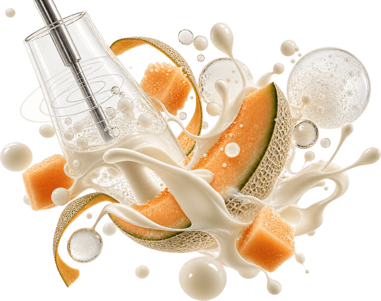 An immersion blender in a glass beaker whipping up a splash of milk around cantaloupe wedges and cubes.