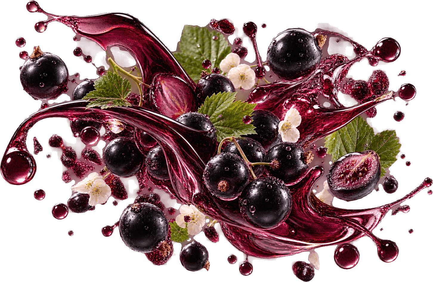 Blackcurrants, halved berries, leaves and white blossoms caught in a swirling splash of deep wine-red liquid.
